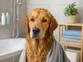 Mokry golden retriever owinięty ręcznikiem, z mokrą sierścią. Czy to rozwiązanie problemu, dlaczego pies śmierdzi?
