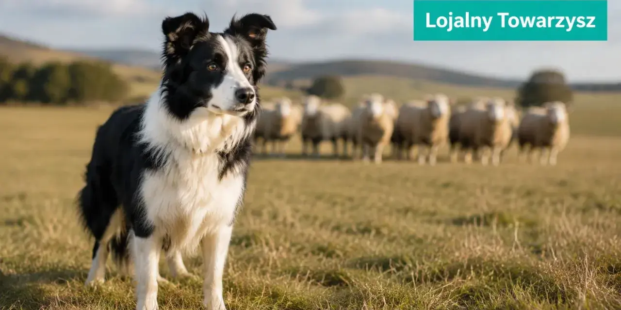 Czarny i biały border collie zagania owce na zielonej łące. Pies jest w centrum uwagi, a owce pasą się w tle.