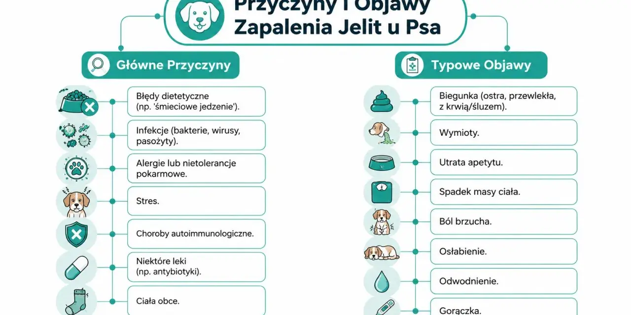 Schemat przedstawia przyczyny zapalenia jelit u psa: błędy dietetyczne, infekcje, alergie, stres, choroby autoimmunologiczne, leki, ciała obce. Objawy to biegunka, wymioty, utrata apetytu, spadek masy ciała, ból brzucha, osłabienie, odwodnienie, gorączka.