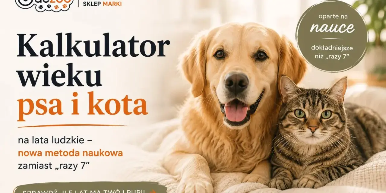 Złoty retriever i pręgowany kot leżą obok siebie. Obok tekst: "Kalkulator wieku psa i kota", "oparte na nauce", "dokładniejsze niż 'razy 7'". Sprawdź, ile lat mają Twoi pupile, poznaj ich kocie lata!
