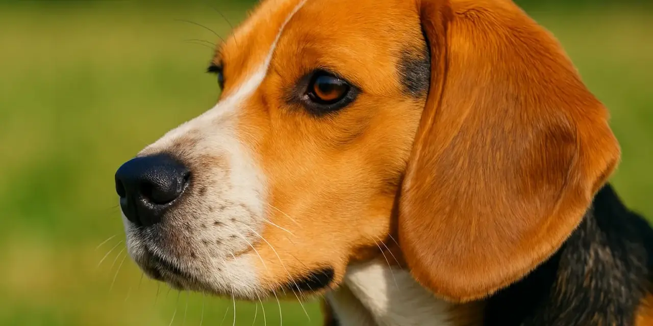 Uroczy beagle z długimi, białymi wibrysami u psa, spogląda w bok na zielone tło.