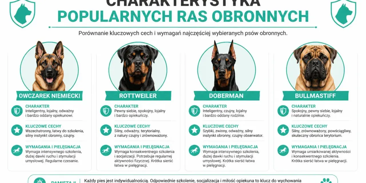 Porównanie popularnych ras psów obronnych: owczarek niemiecki, rottweiler, doberman, bullmastiff. Charakterystyka i wymagania.