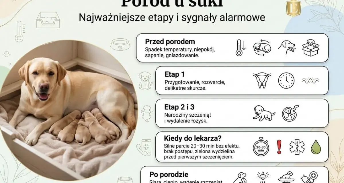Szczęśliwa suczka labrador z nowo narodzonymi szczeniętami. Obrazek informuje, ile pies jest w ciąży i jakie są etapy porodu.