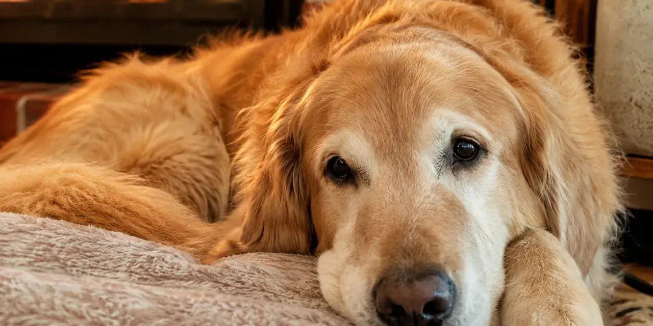 Uroczy golden retriever po polsku odpoczywa przy kominku, wtulony w miękkie posłanie.