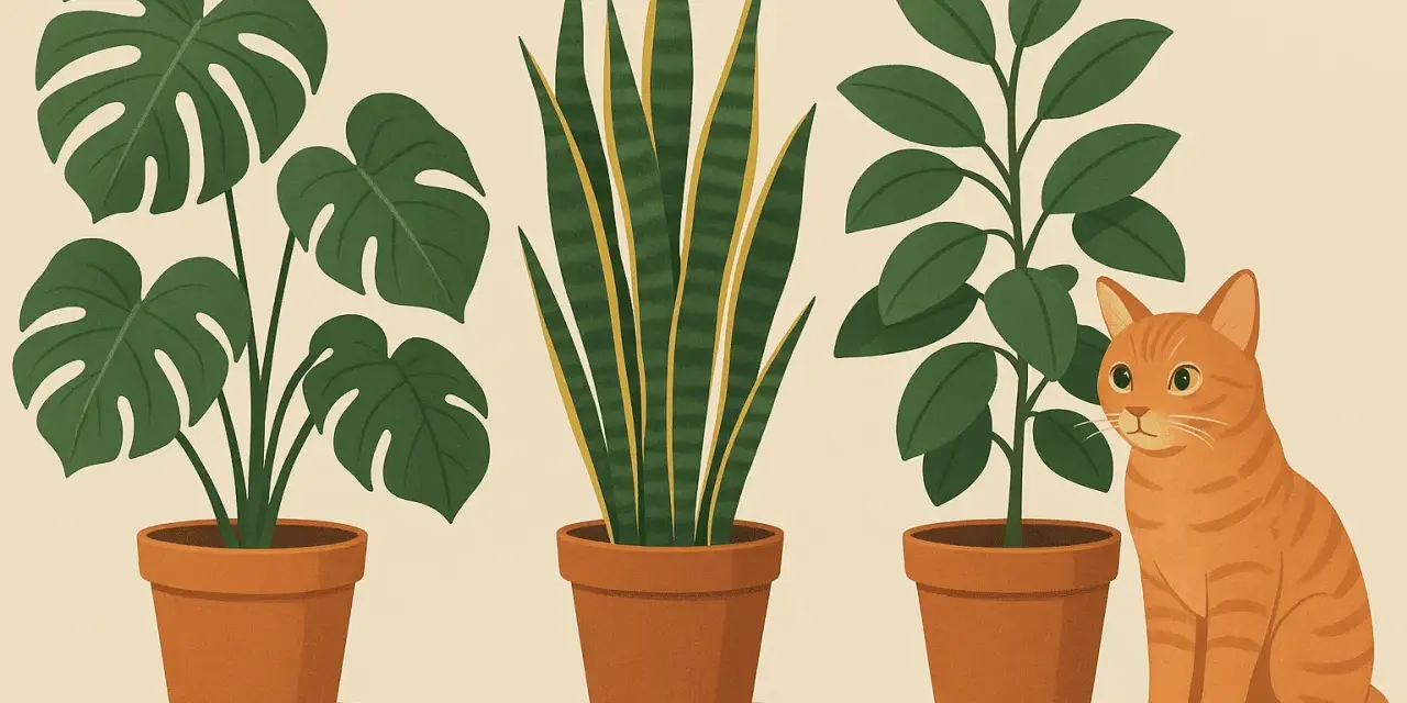 Pomarańczowy kotek siedzi obok roślin doniczkowych, wśród których są rośliny trujące dla kota, jak monstera i sansewieria.
