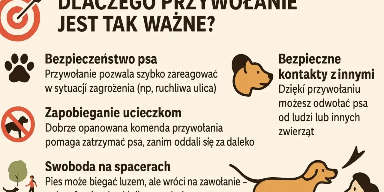 Jak nauczyć psa przywołania? Grafika pokazuje, dlaczego przywołanie jest ważne: bezpieczeństwo psa, zapobieganie ucieczkom, swoboda na spacerach i bezpieczne kontakty z innymi.
