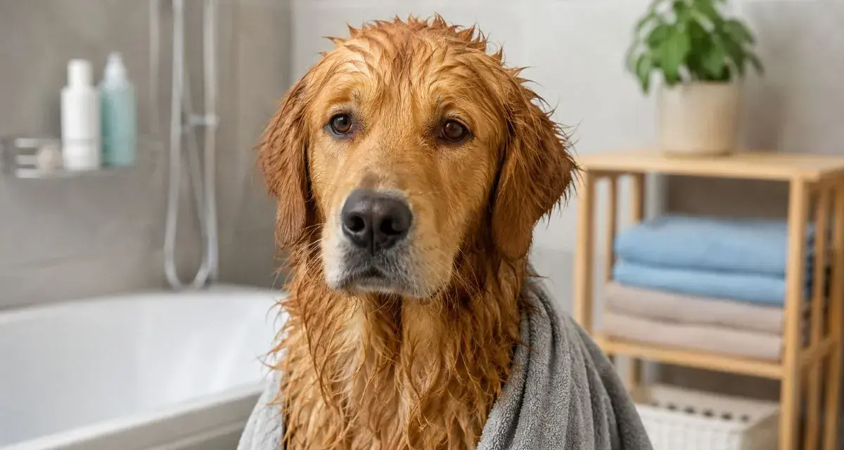 Mokry golden retriever owinięty ręcznikiem, z mokrą sierścią. Czy to rozwiązanie problemu, dlaczego pies śmierdzi?
