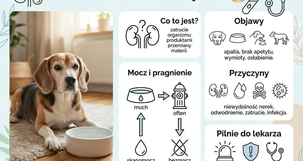 Smutny beagle leży obok miski z wodą. Informacje o mocznicy u psa: objawy, przyczyny, kiedy pilnie do lekarza. Bezmoc to brak sikaniu.