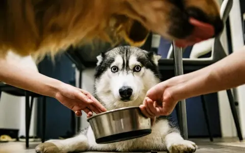Siberian husky z niebieskimi oczami czeka na jedzenie, dwie ręce trzymają miskę. Inny pies liże język nad nim.
