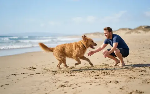 Szczęśliwy mężczyzna na plaży zachęca psa do przyjścia na zawołanie. Pies biegnie do niego z radością.
