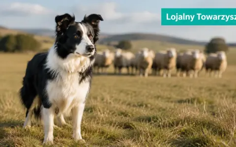 Czarny i biały border collie zagania owce na zielonej łące. Pies jest w centrum uwagi, a owce pasą się w tle.