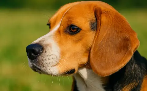 Uroczy beagle z długimi, białymi wibrysami u psa, spogląda w bok na zielone tło.