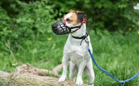 Mały piesek w kagańcu, biało-brązowy Jack Russell Terrier, stoi na powalonym drzewie w zielonym lesie.