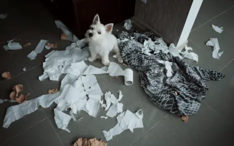 Mały szczeniak sam w domu 8 godzin. Zostawił za sobą bałagan z papieru i koc.