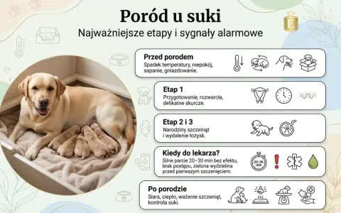Szczęśliwa suczka labrador z nowo narodzonymi szczeniętami. Obrazek informuje, ile pies jest w ciąży i jakie są etapy porodu.