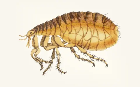 Ilustracja pokazuje, jak wygląda pchła kocia: małe, brązowe, owalne ciało z sześcioma nogami i czułkami.