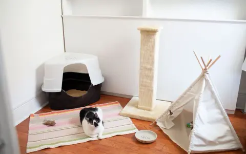 Czarno-biały kotek rozgląda się po swoim nowym domu. Obok kuwety, drapaka i tipi stoi miseczka z napisem "Meow".