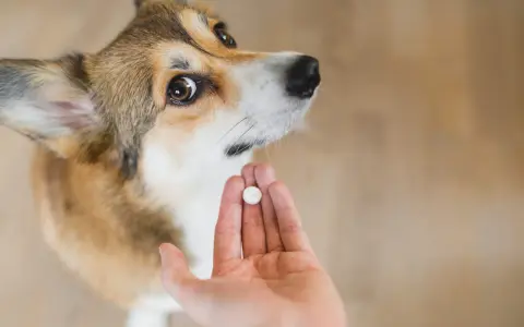 Corgi patrzy na tabletkę na odrobaczenie w dłoni. Po jakim czasie działa tabletka na odrobaczenie psa?