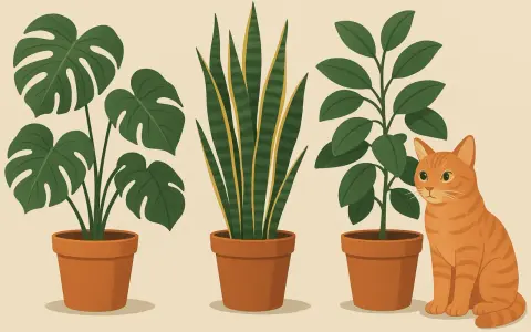 Pomarańczowy kotek siedzi obok roślin doniczkowych, wśród których są rośliny trujące dla kota, jak monstera i sansewieria.