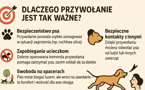 Jak nauczyć psa przywołania? Grafika pokazuje, dlaczego przywołanie jest ważne: bezpieczeństwo psa, zapobieganie ucieczkom, swoboda na spacerach i bezpieczne kontakty z innymi.
