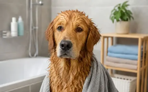 Mokry golden retriever owinięty ręcznikiem, z mokrą sierścią. Czy to rozwiązanie problemu, dlaczego pies śmierdzi?