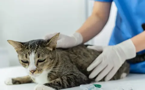 Weterynarz bada kota, który może mieć udar. Kot wygląda na chorego, a weterynarz w rękawiczkach delikatnie go głaszcze.