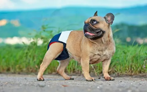 Francuski buldog w pieluszce, gotowy na dni płodne. Cieczka u psa to ważny czas.