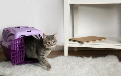 Szary kot wychodzi z fioletowego transportera. Zamykanie kota na noc w transporterze to dla niego przygoda.