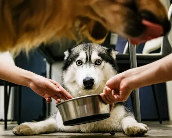 Siberian husky z niebieskimi oczami czeka na jedzenie, dwie ręce trzymają miskę. Inny pies liże język nad nim.