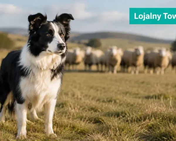 Czarny i biały border collie zagania owce na zielonej łące. Pies jest w centrum uwagi, a owce pasą się w tle.