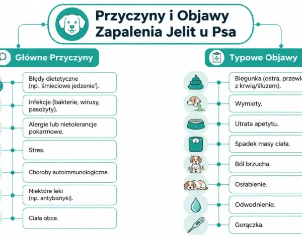 Schemat przedstawia przyczyny zapalenia jelit u psa: błędy dietetyczne, infekcje, alergie, stres, choroby autoimmunologiczne, leki, ciała obce. Objawy to biegunka, wymioty, utrata apetytu, spadek masy ciała, ból brzucha, osłabienie, odwodnienie, gorączka.