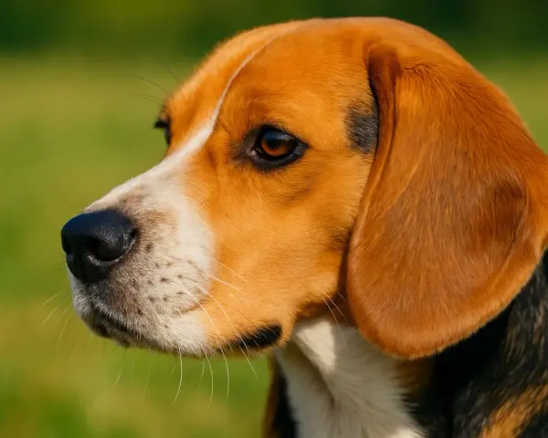 Uroczy beagle z długimi, białymi wibrysami u psa, spogląda w bok na zielone tło.