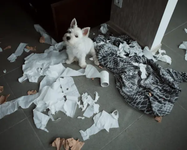 Mały szczeniak sam w domu 8 godzin. Zostawił za sobą bałagan z papieru i koc.