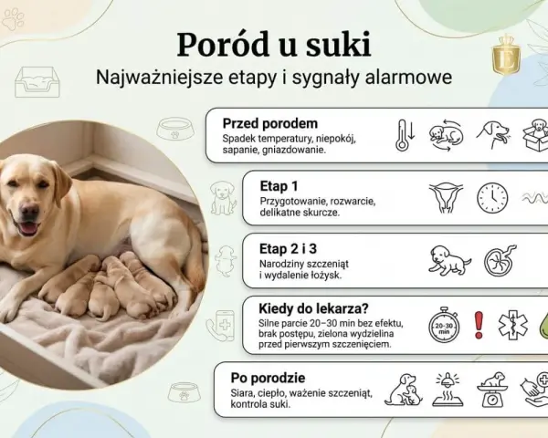 Szczęśliwa suczka labrador z nowo narodzonymi szczeniętami. Obrazek informuje, ile pies jest w ciąży i jakie są etapy porodu.