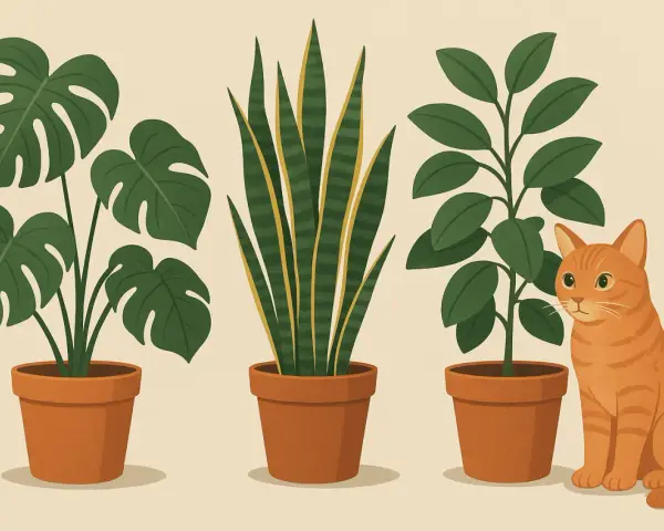 Pomarańczowy kotek siedzi obok roślin doniczkowych, wśród których są rośliny trujące dla kota, jak monstera i sansewieria.