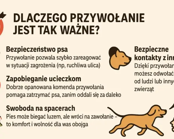 Jak nauczyć psa przywołania? Grafika pokazuje, dlaczego przywołanie jest ważne: bezpieczeństwo psa, zapobieganie ucieczkom, swoboda na spacerach i bezpieczne kontakty z innymi.