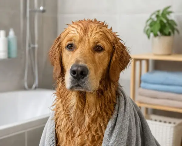 Mokry golden retriever owinięty ręcznikiem, z mokrą sierścią. Czy to rozwiązanie problemu, dlaczego pies śmierdzi?