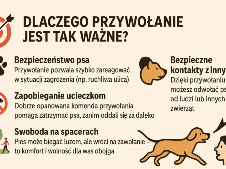 Jak nauczyć psa przywołania? Grafika pokazuje, dlaczego przywołanie jest ważne: bezpieczeństwo psa, zapobieganie ucieczkom, swoboda na spacerach i bezpieczne kontakty z innymi.