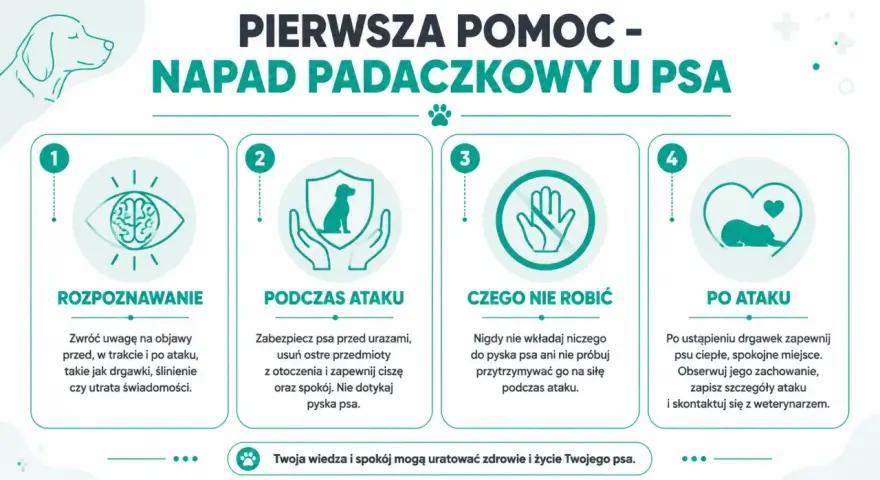 Pierwsza pomoc w przypadku padaczki u psa: rozpoznawanie, co robić podczas ataku, czego nie robić i postępowanie po ataku.
