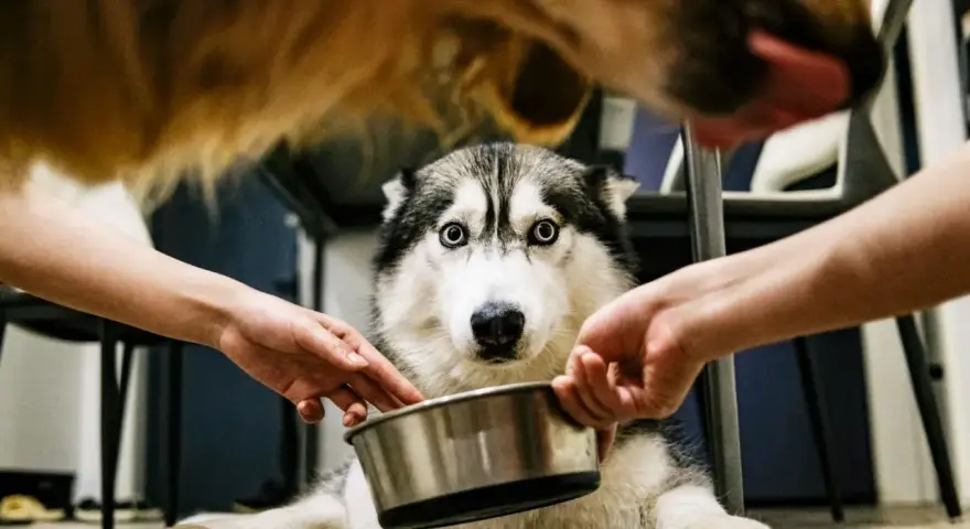 Siberian husky z niebieskimi oczami czeka na jedzenie, dwie ręce trzymają miskę. Inny pies liże język nad nim.