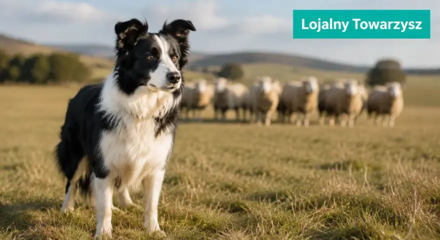 Czarny i biały border collie zagania owce na zielonej łące. Pies jest w centrum uwagi, a owce pasą się w tle.
