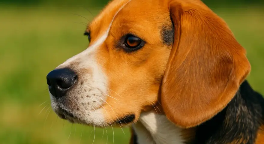 Uroczy beagle z długimi, białymi wibrysami u psa, spogląda w bok na zielone tło.