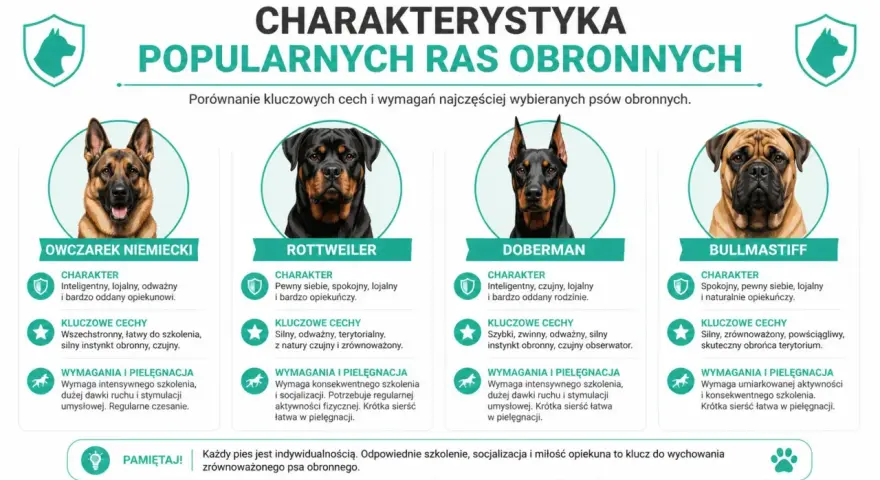 Porównanie popularnych ras psów obronnych: owczarek niemiecki, rottweiler, doberman, bullmastiff. Charakterystyka i wymagania.