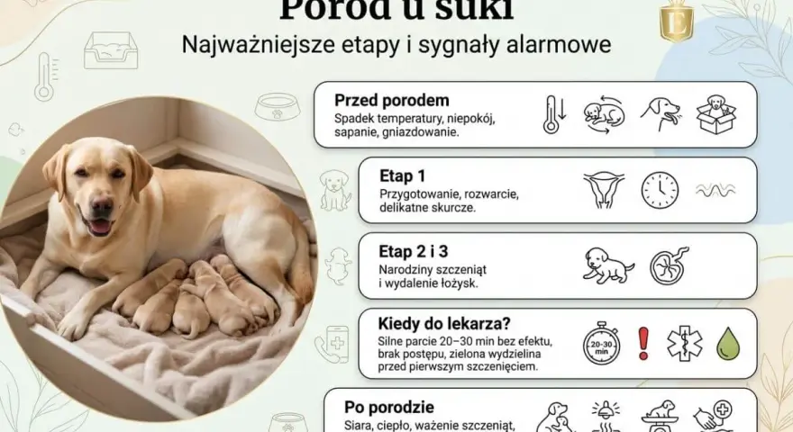 Szczęśliwa suczka labrador z nowo narodzonymi szczeniętami. Obrazek informuje, ile pies jest w ciąży i jakie są etapy porodu.
