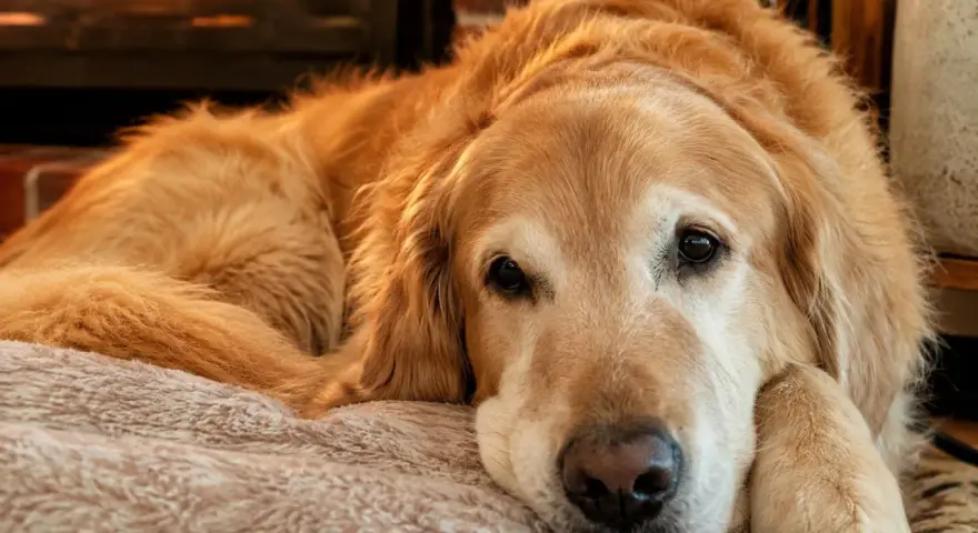 Uroczy golden retriever po polsku odpoczywa przy kominku, wtulony w miękkie posłanie.