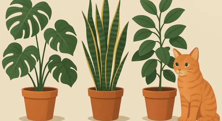 Pomarańczowy kotek siedzi obok roślin doniczkowych, wśród których są rośliny trujące dla kota, jak monstera i sansewieria.