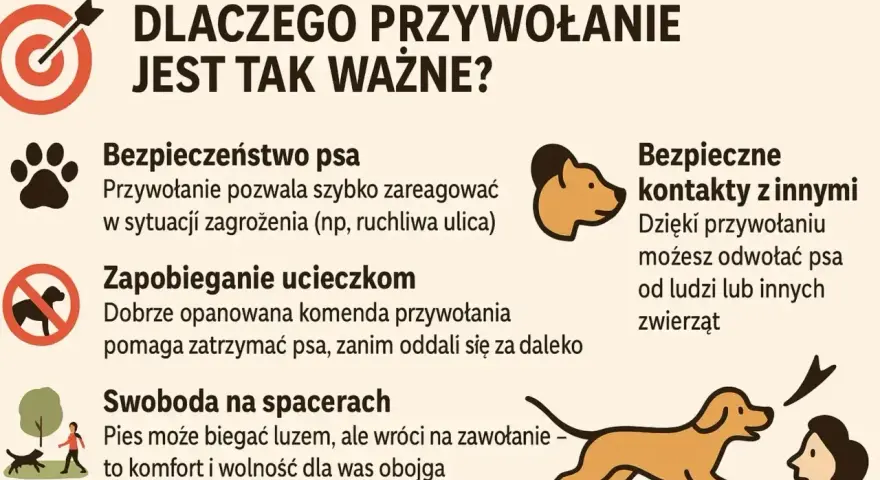 Jak nauczyć psa przywołania? Grafika pokazuje, dlaczego przywołanie jest ważne: bezpieczeństwo psa, zapobieganie ucieczkom, swoboda na spacerach i bezpieczne kontakty z innymi.