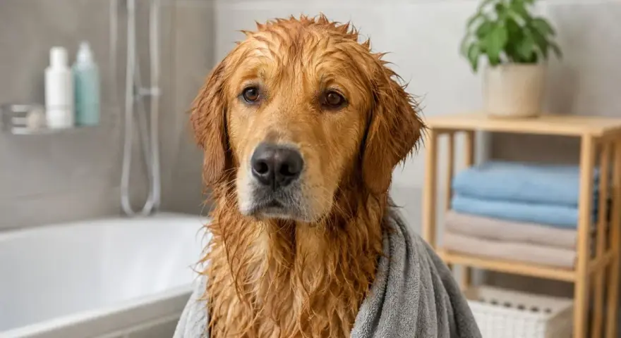 Mokry golden retriever owinięty ręcznikiem, z mokrą sierścią. Czy to rozwiązanie problemu, dlaczego pies śmierdzi?