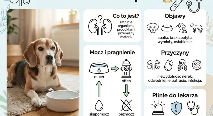 Smutny beagle leży obok miski z wodą. Informacje o mocznicy u psa: objawy, przyczyny, kiedy pilnie do lekarza. Bezmoc to brak sikaniu.