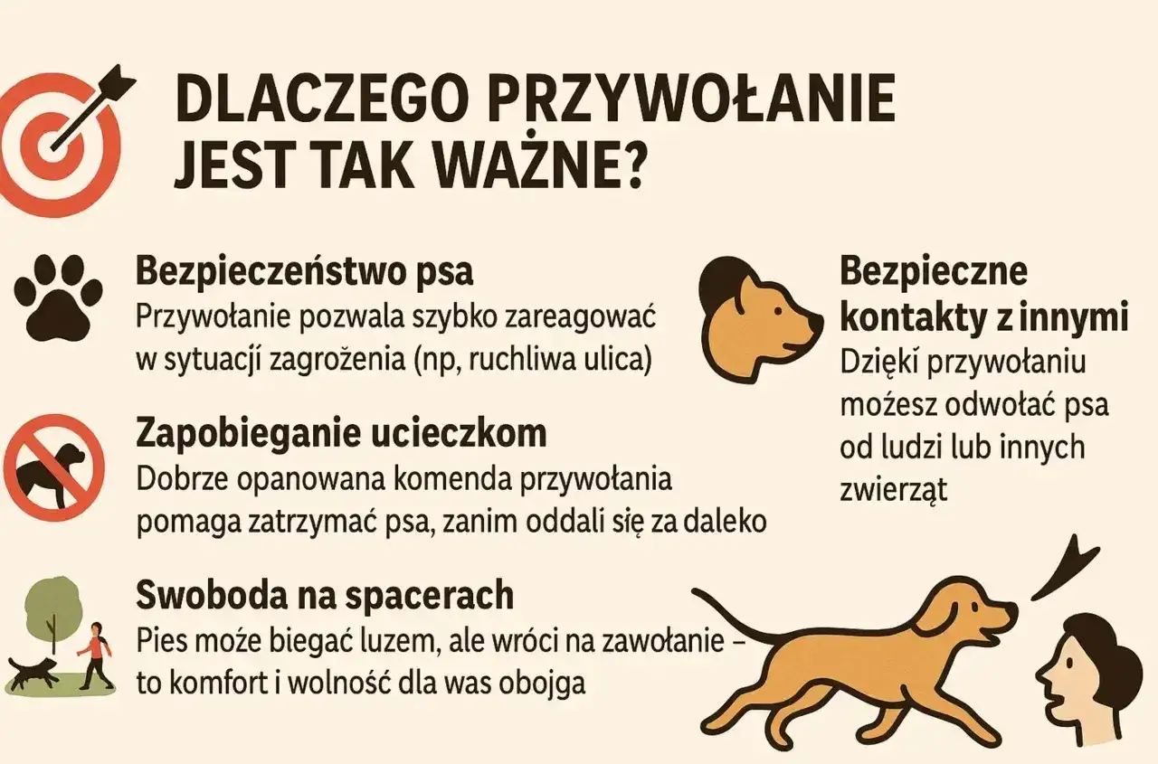 Jak nauczyć psa przywołania? Grafika pokazuje, dlaczego przywołanie jest ważne: bezpieczeństwo psa, zapobieganie ucieczkom, swoboda na spacerach i bezpieczne kontakty z innymi.